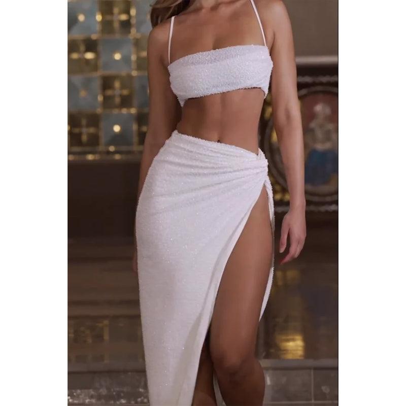Robe de soirée sexy deux pièces à bretelles spaghetti et plis 