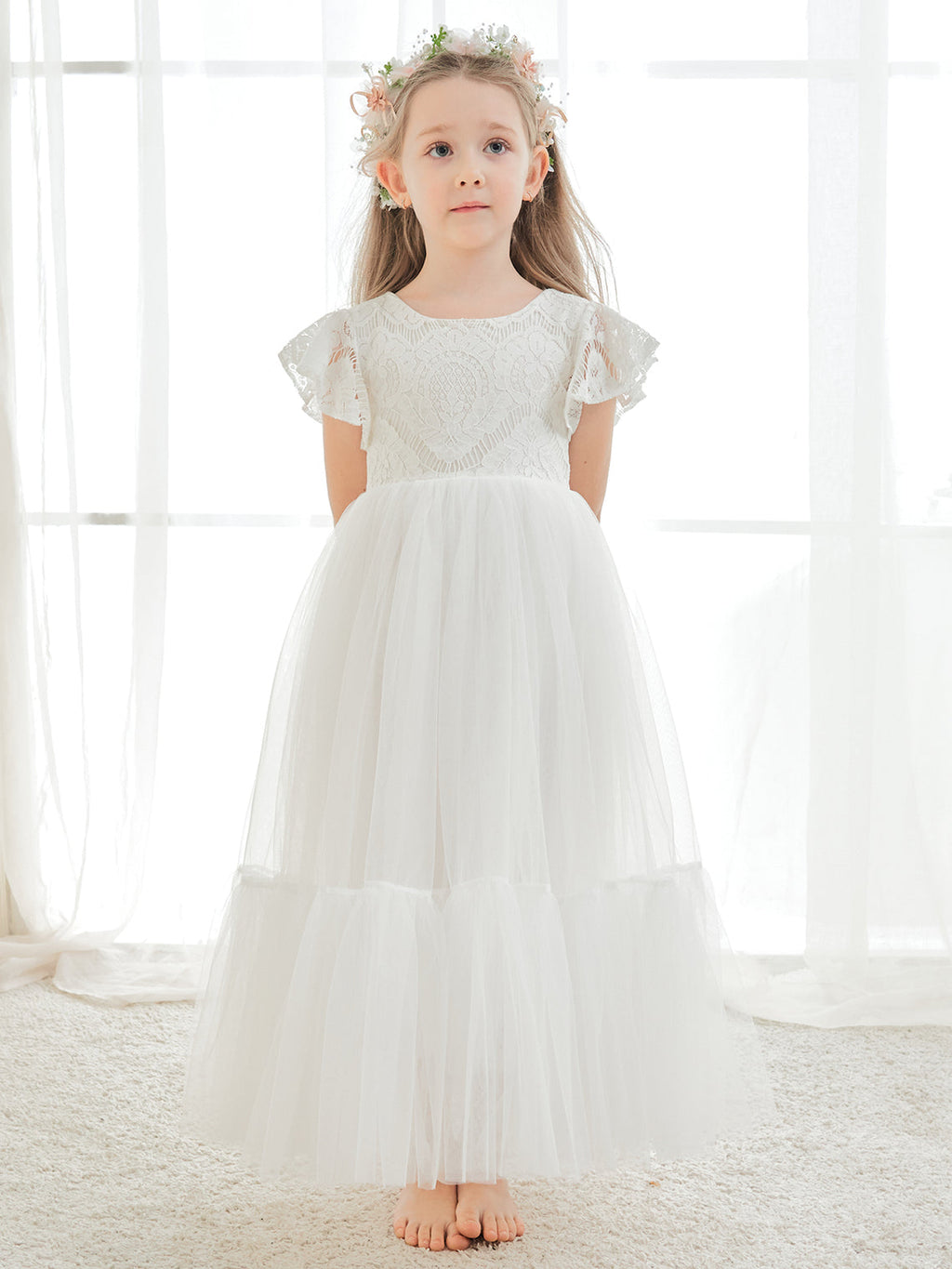 Vestido blanco de tul y encaje hasta el tobillo (2003227579) 