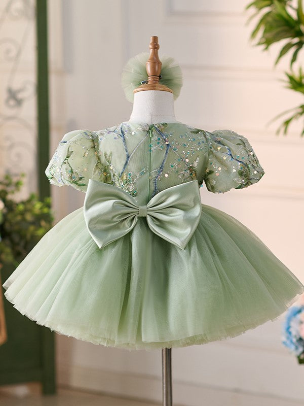 Vestido verde de tul con lentejuelas hasta la rodilla para fiesta del primer cumpleaños de niña 