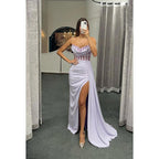 Vestido formal de noche con escote en forma de corazón, de satén con cuentas y abertura para graduación