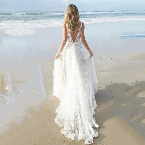 Illusion Tulle Beach Wedding Dress Charming Backless Appliques Bridal Gowns Deep V-Neck Spaghetti Straps vestido de noiva
