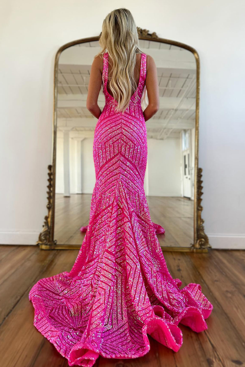 Mermaid Deep V Neck Orange Sequins Long Prom Dress with Open Back