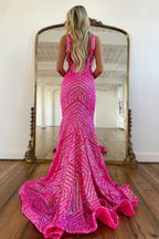 Mermaid Deep V Neck Orange Sequins Long Prom Dress with Open Back