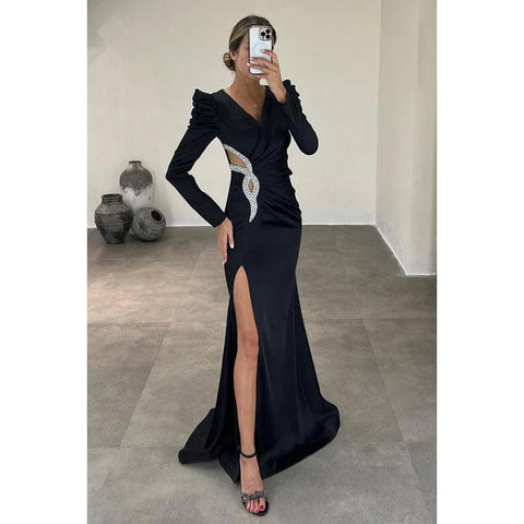 Vestido de fiesta informal sencillo de manga larga con abertura y escote en V con pedrería