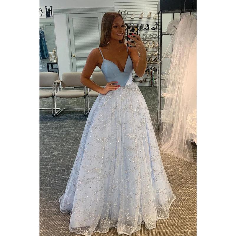 Plunging V-neck Sky Blue Sparkly Prom Dress