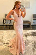 Robe de bal sirène violette à sequins et décolleté plongeant en V, dos nu