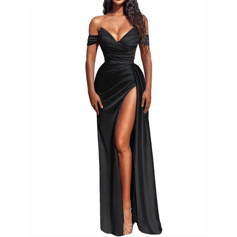 Robe de bal longue plissée et sexy à col en V et fente
