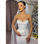 Vestido de novia largo con escote en forma de corazón, plisado y cuentas blancas 