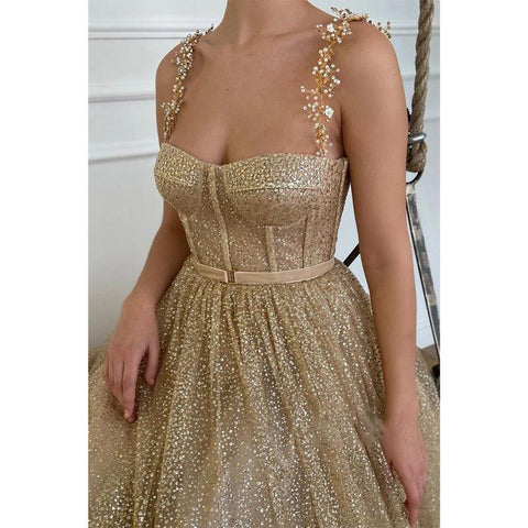 Sweetheart Champagne Sequined Sparkly Prom Dress