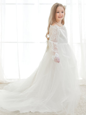 Vestido largo de tul y encaje color marfil, corte en A (2003227154) 