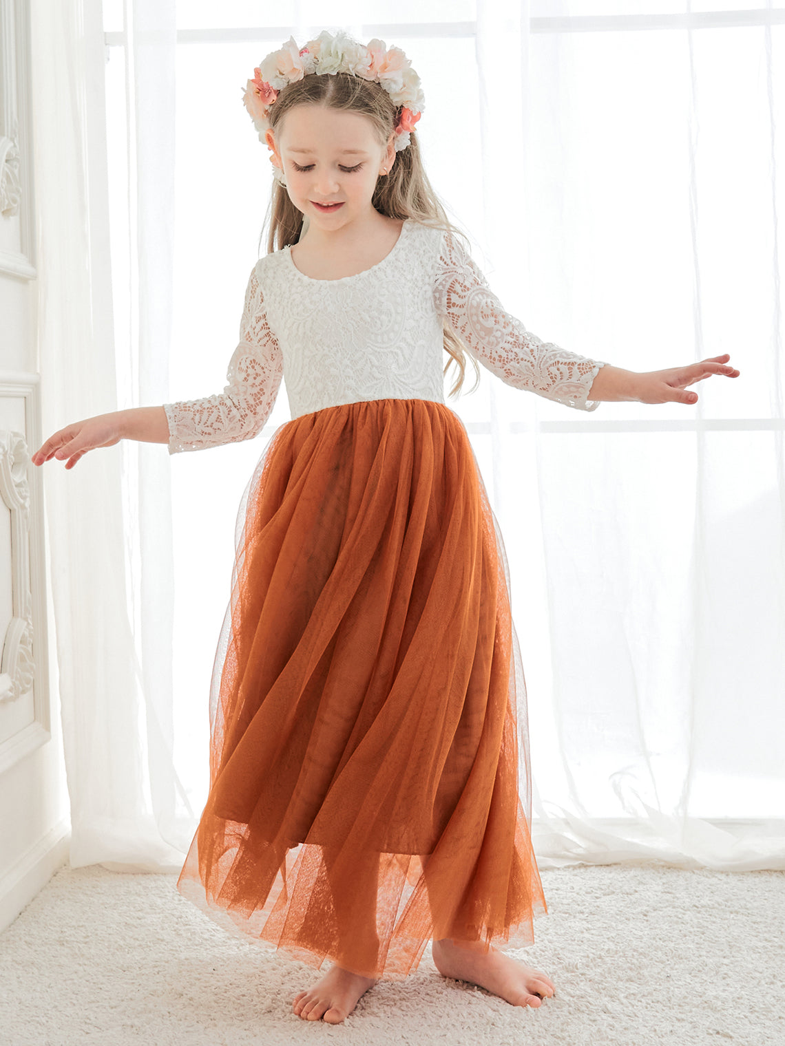 Vestido de niña de las flores de tul, manga larga, corte línea A, encaje blanco angelical 
