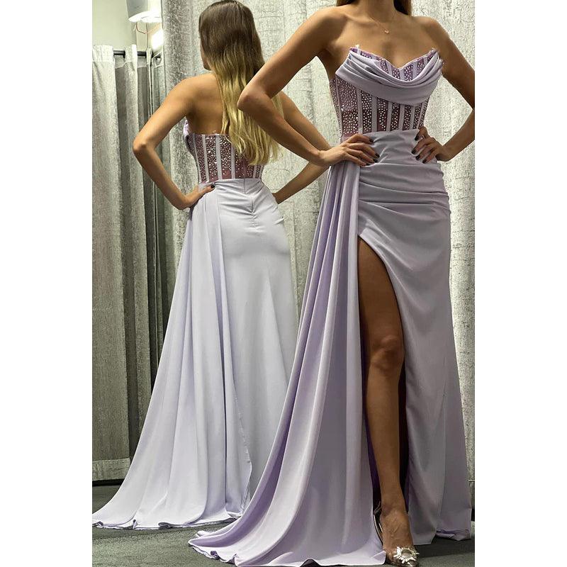 Vestido formal de noche con escote en forma de corazón, de satén con cuentas y abertura para graduación