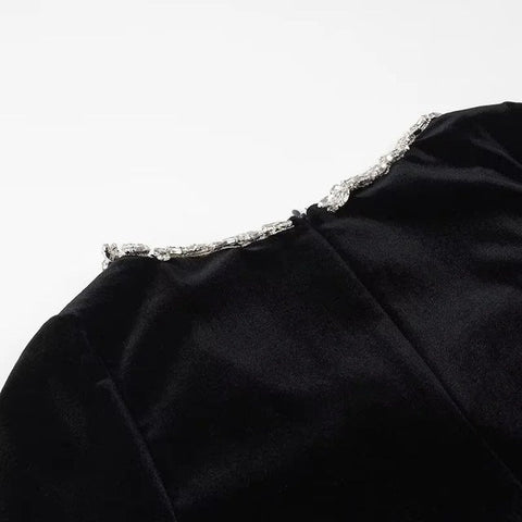 TARUXY Bead Drill Velveteen Dress For Women Long Sleeve Slim Black Formal Dress Female Party Elegant Retro Evening Dresses Femme