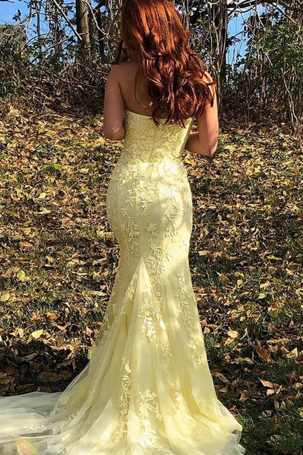 Robe de bal longue sirène bustier en dentelle avec fente