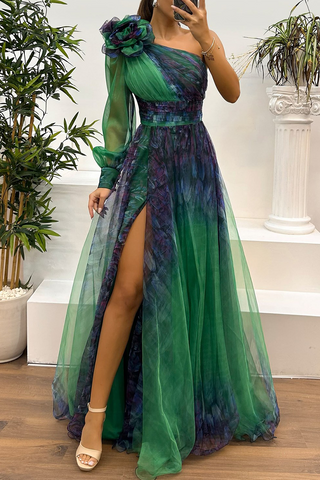 Vestidos de noche sexys para baile de graduación con estampado floral, abertura, malla en forma de flor y hombros caídos (6 colores) 