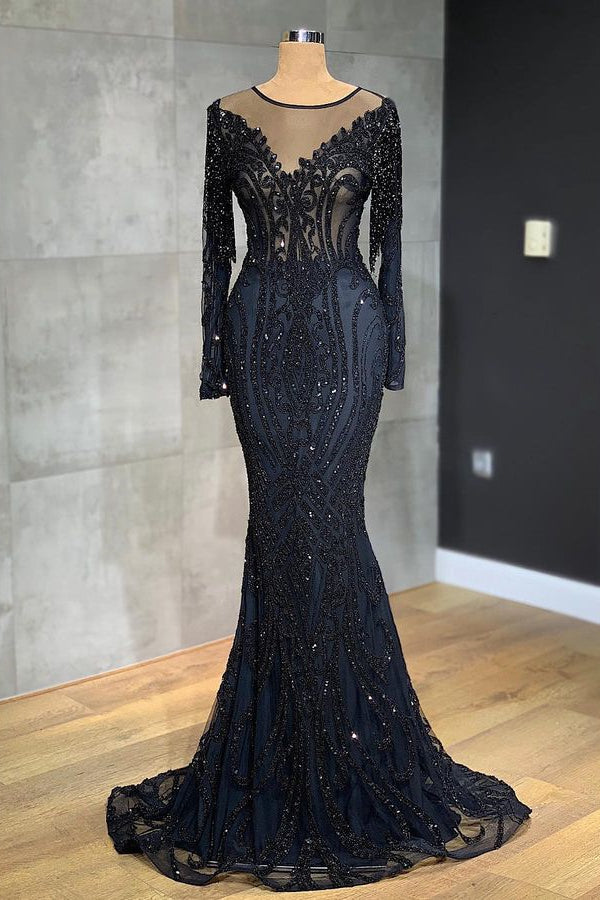 Robe de bal longue sirène élégante en tulle et dentelle avec manches