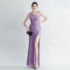 Heavy Industry Ostrich Hair Craft Bundle Hair Evening Dress with Oblique Shoulder Slit