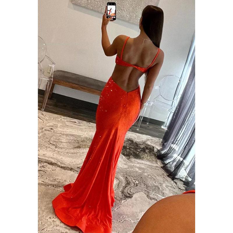 Vestido de fiesta de noche con tirantes finos, cuello en V, sexy y brillante, estilo trompeta
