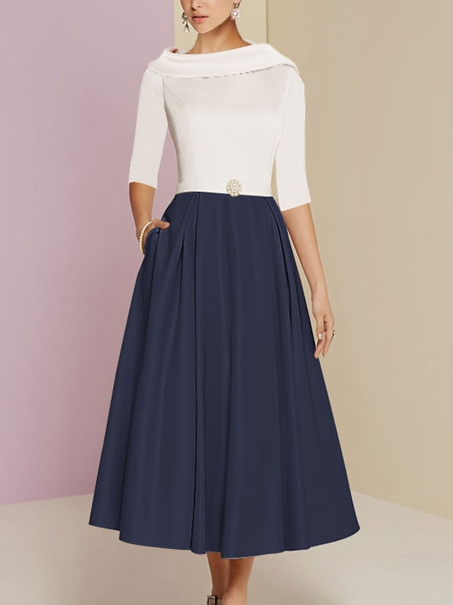 Robes de mère de la mariée de coupe trapèze/princesse, col rond, manches mi-longues, plis et poches 