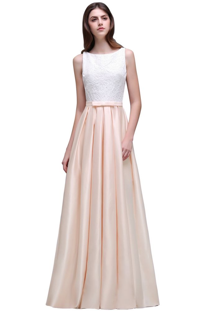 Vestido de fiesta de encaje con escote redondo y corte en A, de satén elástico