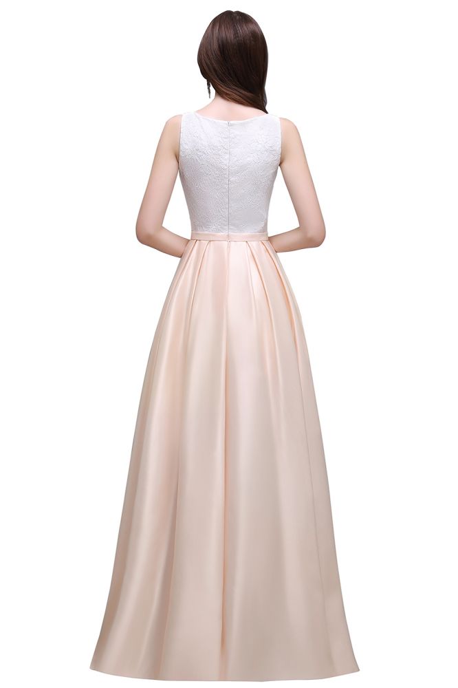 Vestido de fiesta de encaje con escote redondo y corte en A, de satén elástico