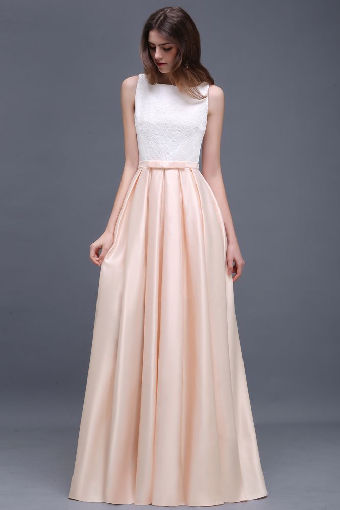 Vestido de fiesta de encaje con escote redondo y corte en A, de satén elástico