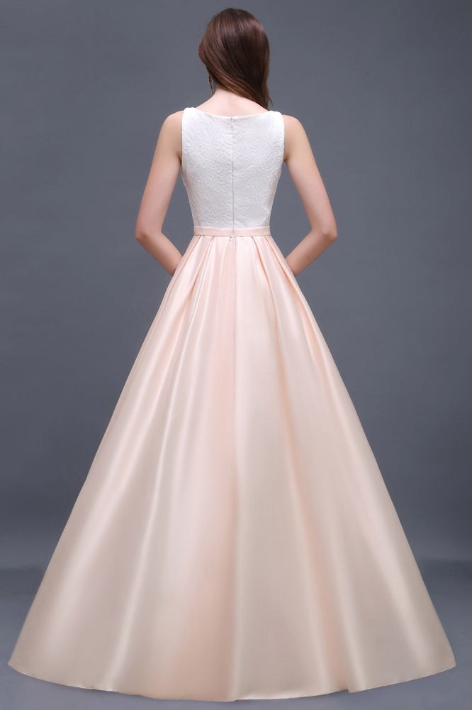Vestido de fiesta de encaje con escote redondo y corte en A, de satén elástico