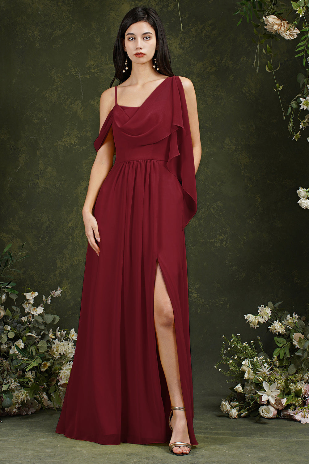 Elegante vestido de dama de honor de corte A, de gasa, con volantes, largo hasta el suelo, abertura y bolsillos.