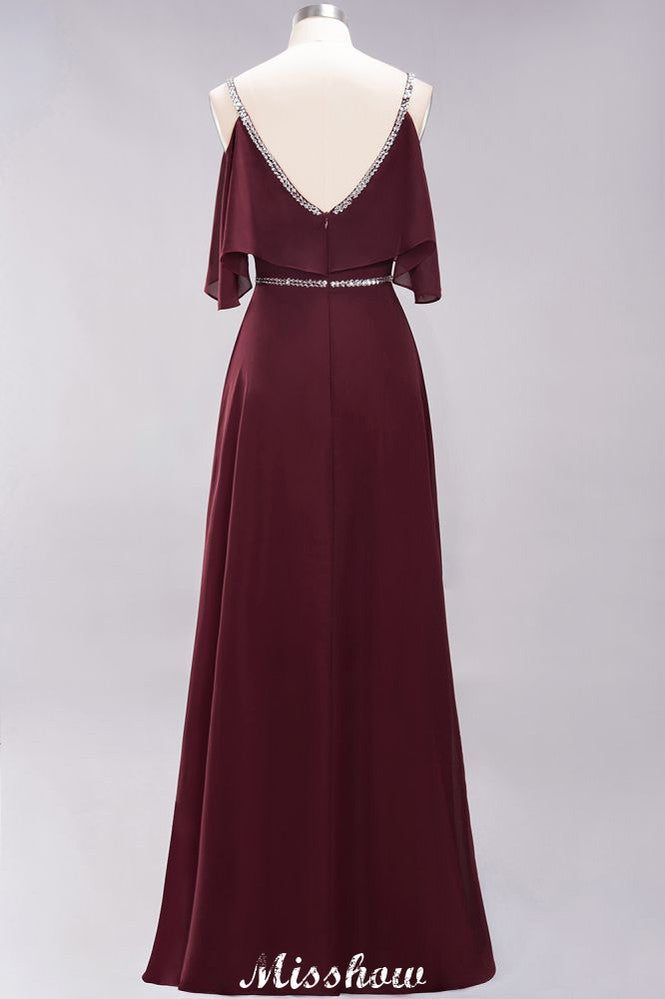 Elegantes vestidos de dama de honor de corte A, de gasa, con escote en V, tirantes finos, sin mangas y hasta el suelo, con pedrería.