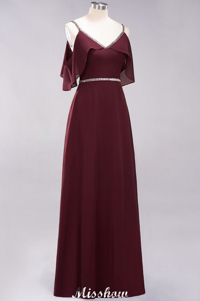 Elegantes vestidos de dama de honor de corte A, de gasa, con escote en V, tirantes finos, sin mangas y hasta el suelo, con pedrería.