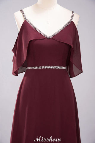 Elegantes vestidos de dama de honor de corte A, de gasa, con escote en V, tirantes finos, sin mangas y hasta el suelo, con pedrería.