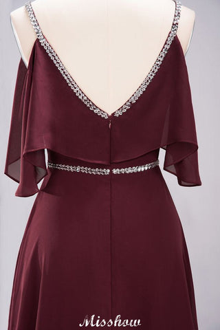 Elegantes vestidos de dama de honor de corte A, de gasa, con escote en V, tirantes finos, sin mangas y hasta el suelo, con pedrería.