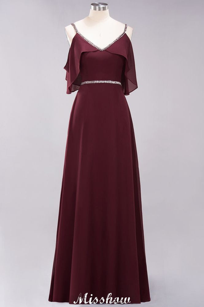 Elegantes vestidos de dama de honor de corte A, de gasa, con escote en V, tirantes finos, sin mangas y hasta el suelo, con pedrería.