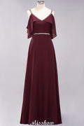 Elegantes vestidos de dama de honor de corte A, de gasa, con escote en V, tirantes finos, sin mangas y hasta el suelo, con pedrería.