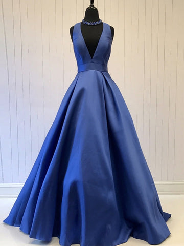 Elegant A-line Deep V Neck Satin Long Prom Formal Graduation Evening Party Dresses