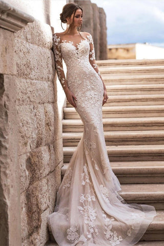 Elegante vestido de novia de corte A, manga larga, encaje y cola desmontable