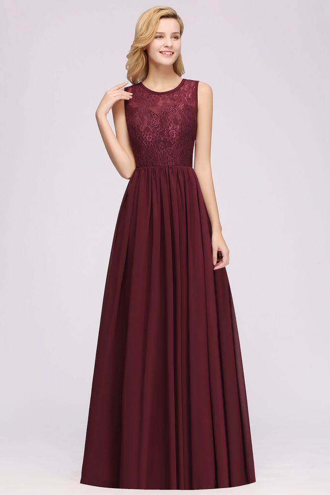 Elegante vestido de dama de honor de corte A, sin mangas, de encaje, con volantes de gasa y apliques.