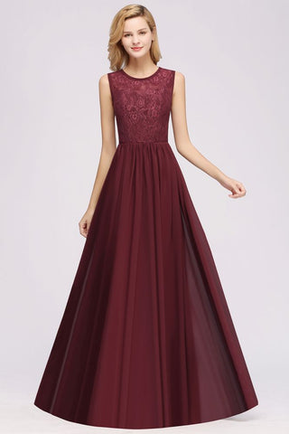 Elegante vestido de dama de honor de corte A, sin mangas, de encaje, con volantes de gasa y apliques.