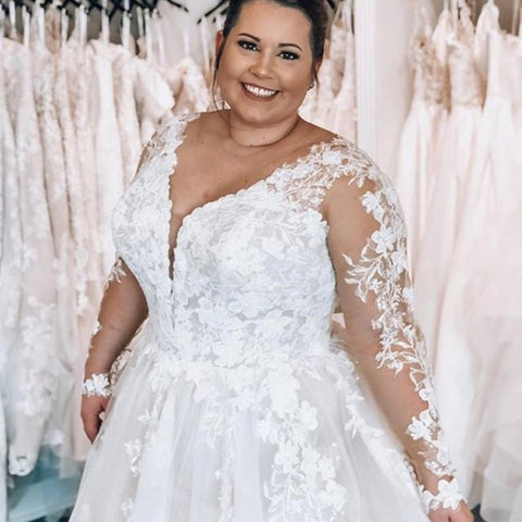 Vestidos de novia elegantes de talla grande, corte en A, escote en V, encaje y mangas largas