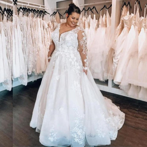 Vestidos de novia elegantes de talla grande, corte en A, escote en V, encaje y mangas largas