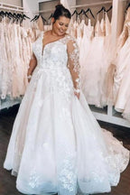 Elegant A-line Lace V-neck Plus Size wedding dresses with Long sleeves