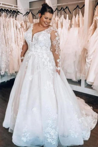 Vestidos de novia elegantes de talla grande, corte en A, escote en V, encaje y mangas largas