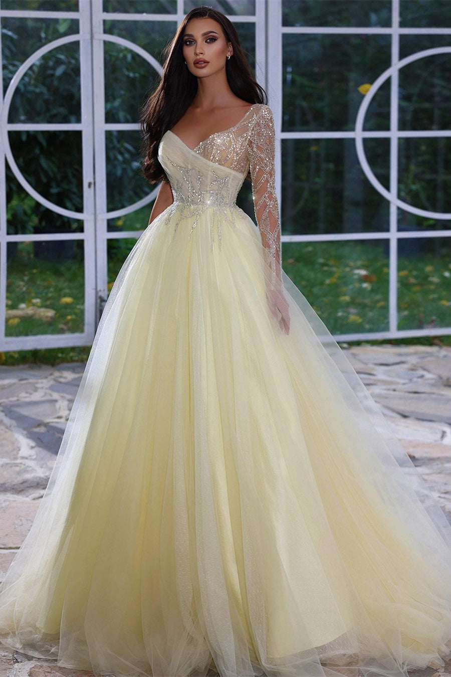 Elegant A-line Long Sleeves Evening Dress With Beads Sequins