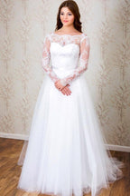 Robe de mariée élégante en dentelle blanche, coupe trapèze, manches longues, référence WD112