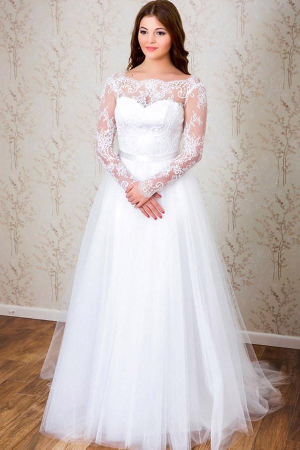 Robe de mariée élégante en dentelle blanche, coupe trapèze, manches longues, référence WD112