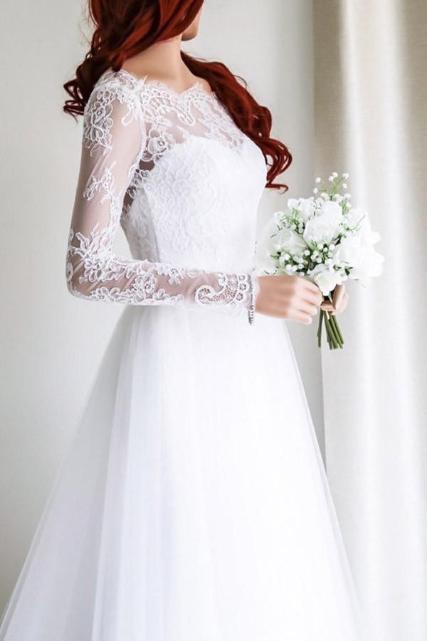 Robe de mariée élégante en dentelle blanche, coupe trapèze, manches longues, référence WD112