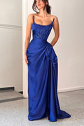 Robe de bal élégante en satin bleu océan, coupe trapèze, sans manches, à volants