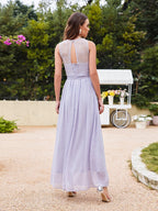 Elegantes vestidos de dama de honor de gasa sin mangas con escote redondo y corte en A