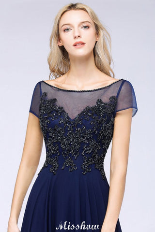 Elegant A-Line Short Sleeve Appliques Beads Bridesmaid Dresses Floor-Length Evening Dress