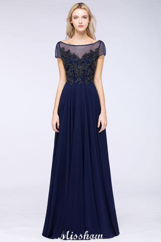 Elegant A-Line Short Sleeve Appliques Beads Bridesmaid Dresses Floor-Length Evening Dress